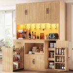 Fluted Kitchen Pantry Cabinet with Charging Station & LED Lights, Kitchen Storage Cabinet with Countertop, Microwave & Appliance Stand, Food Pantry Hutch with Shelves & Drawers, Natural