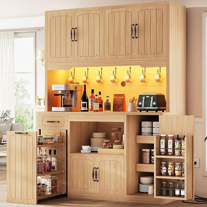 Fluted Kitchen Pantry Cabinet with Charging Station & LED Lights, Kitchen Storage Cabinet with Countertop, Microwave & Appliance Stand, Food Pantry Hutch with Shelves & Drawers, Natural