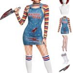Women’s Chucky Halloween Costume, Sexy Wanna Play Bolero Top & Overall Bodysuit with Wig, Knee-High Socks, Scar Tattoos & Prop Knife, 6 Sizes, Horror Movie Cosplay Outfit