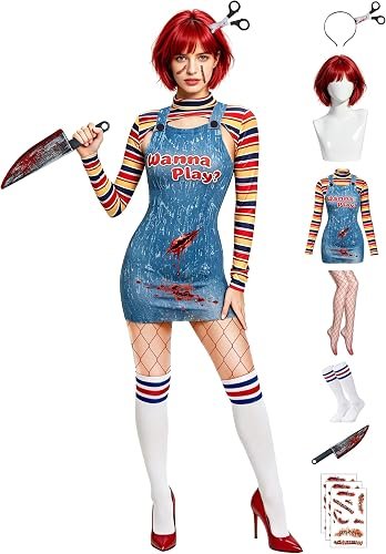 Women’s Chucky Halloween Costume, Sexy Wanna Play Bolero Top & Overall Bodysuit with Wig, Knee-High Socks, Scar Tattoos & Prop Knife, 6 Sizes, Horror Movie Cosplay Outfit