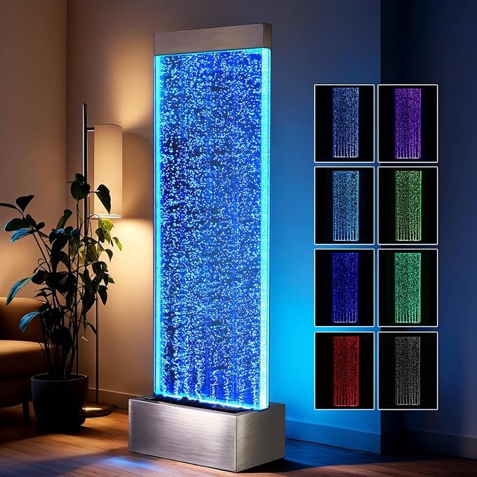 Bubble Wall Waterfall Fountain, Acrylic Floor Standing Water Wall with LED Lights, Indoor Freestanding Water Feature for Home, Office, Living Room & Reception Decor