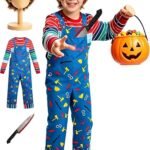 Chucky Costume for Kids, Halloween Costume with Wig, Tattoos & Toy Knife, Classic Child’s Play Killer Doll Costume for Boys & Girls, Horror Cosplay Outfit, Multiple Sizes