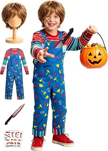 Chucky Costume for Kids, Halloween Costume with Wig, Tattoos & Toy Knife, Classic Child’s Play Killer Doll Costume for Boys & Girls, Horror Cosplay Outfit, Multiple Sizes