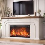 Farmhouse Fireplace TV Stand with 36" Electric Fireplace, White Entertainment Center for TVs Up to 80", LED Lights, Storage Cabinets & Media Console for Living Room