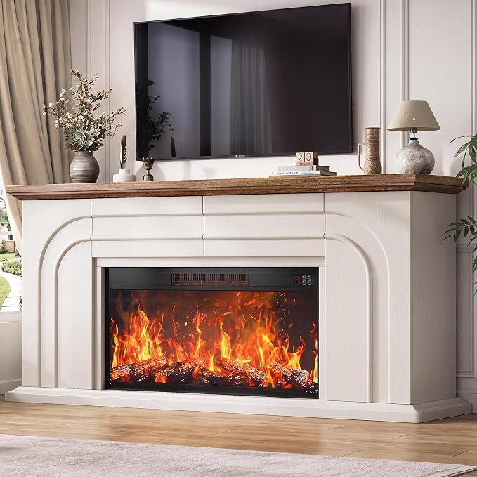 Farmhouse Fireplace TV Stand with 36" Electric Fireplace, White Entertainment Center for TVs Up to 80", LED Lights, Storage Cabinets & Media Console for Living Room