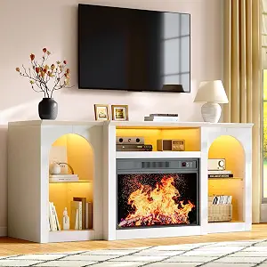 White Fireplace TV Stand for TVs Up to 65", Arched Electric Fireplace Entertainment Center with LED Lights, Storage Shelf & Modern TV Console for Living Room