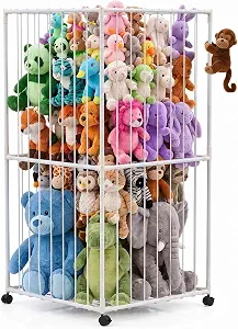 Stuffed Animal Storage Organizer with Lockable Wheels, 24" Wide Plush Toy Organizer, Rolling Toy Storage Rack for Kids Room, Nursery, Bedroom & Playroom